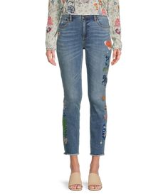 From JOHNNY WAS&#x2C; these jeans feature:Stretch denim fabricationSkinny leg5 pocket style Belt loops Embroidered detailsStraight hemlineButton/zip fly closureApprox. 27" inseam Cotton/polyester/lycraMachine wash/tumble dry Imported. High Rise Jeans With Floral Embroidery, High Rise Floral Embroidered Jeans, Fall Denim Pants With Floral Embroidery, Medium Wash Bottoms With Floral Embroidery For Fall, Floral Embroidered Straight Leg Jeans, Embroidered Stretch Straight Leg Jeans, Embroidered Pants, Embroidered Jeans, Johnny Was