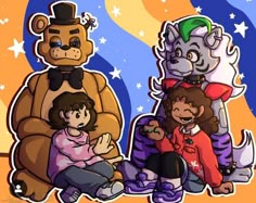 three children sitting next to each other in front of a cartoon bear and cat character