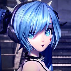 an anime character with blue hair and horns on her head, looking at the camera