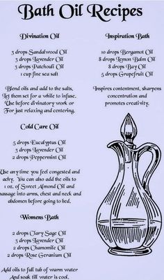 Witchy Beauty Tips, Ritual Bath Recipes Witchcraft, Essential Oil Witchcraft, Bath Magic, Magick Oil, Essential Oil Diffuser Blends Recipes, Spiritual Bath, Ritual Oil, Bath Recipes