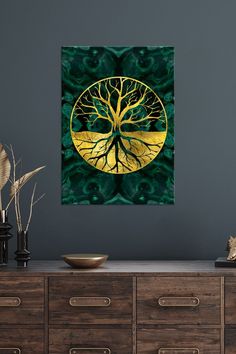 a green and yellow painting with a tree on it