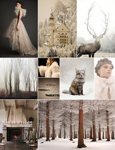 a collage of photos with animals, trees and people dressed in white clothing on them