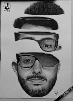 a pencil drawing of three men with glasses and a beard