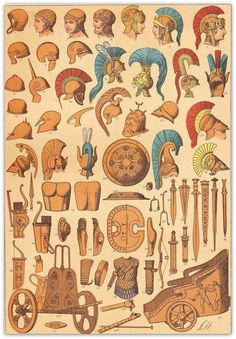 an image of various ancient items on a piece of paper, including helmets and other things