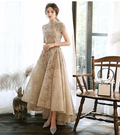 Prom Dress Champagne, Short Sleeve Prom Dresses, Prom Dress Lace, High Low Prom Dress, Champagne Evening Dress, High Low Prom Dresses, Gaun Fashion, Dress Champagne, Lace Formal Dress