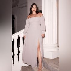 Lulus, Size Medium, Grey, Off-The-Shoulder Maxi Dress. New With Tags. Gray Formal Dress Plus Size, Gray Formal Dress Long Sleeve, Plus Size Wedding Fit, Gray Long Sleeve Dress Formal, Off Shoulder Gray Dress, Wedding Guest Outfit Fall, Long Sleeve Bridesmaid Dress, Balloon Sleeve Dress, Plus Size Formal Dresses