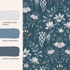 blue and white wallpaper with flowers on it in shades of grey, white, and dark seaspray