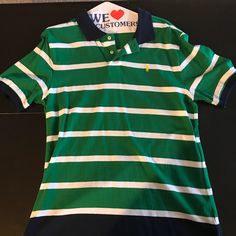 Green And White Stripe Polo Shirt. Item Never Worn Green Short Sleeve Preppy Tops, Preppy Green Short Sleeve Tops, Green Casual Polo Shirt For Spring, Preppy Green Tops For Summer, Preppy Green Top For Summer, Green Short Sleeve Polo Shirt For Spring, Green Collared Cotton T-shirt, Preppy Green Cotton Top, Green Preppy Cotton Tops