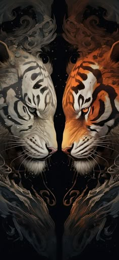 two tigers facing each other with their heads touching