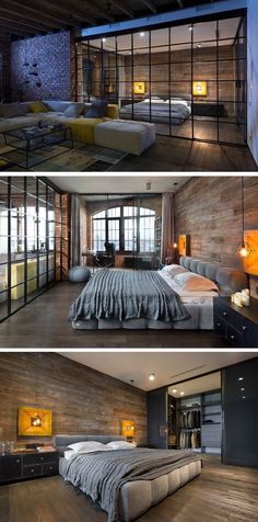 this bedroom has wood paneling and glass walls, while the bed is made up