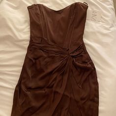 Super Cute Corset Dress With Zipper Back. Brown Strapless Ruched Dress, Brown Lined Mini Dress For Party, Brown Strapless Evening Dress, Brown Knee-length Mini Dress For Evening, Brown Knee-length Evening Mini Dress, Party Brown Lined Mini Dress, Brown Strapless Dress For Night Out, Chic Brown Silk Mini Dress, Strapless Brown Dress For Night Out