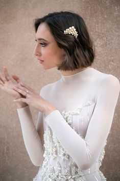 Shira | Bridal Hair Adornments | Hushed Commotion Art Deco Bride, Rebecca Schoneveld, Beaded Hair Clips, Pearl Headpiece, Wedding Hair Comb, Laser Cut Earrings, Hair Adornments, Hair Comb Wedding, Modern Chic