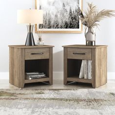 two wooden nightstands sitting next to each other on top of a carpeted floor