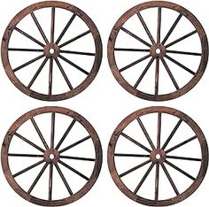 four wooden spoke wheels on white background