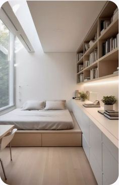 a bed sitting in the middle of a bedroom next to a desk and bookshelf