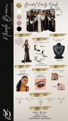 an advertisement for a bridal party with gold and black details on the bottom half of it