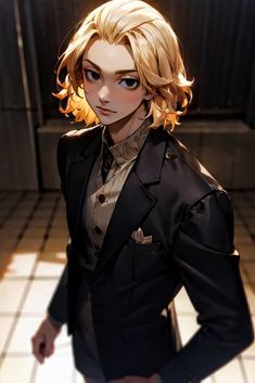 an anime character with blonde hair and blue eyes wearing a black suit, standing in front of a tiled floor