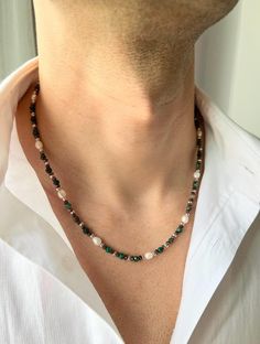 Malachite Necklace Men, Mens Pearl Necklace, Pearl Necklace Men, Real Pearl Necklace for Men, Gifts for Men Unique, Birthday Gift For Him, y2k Jewelry, Mens Necklace, Freshwater Pearl Necklace, Necklace for Men, Hematite Necklace ♥ Useful Quick Notes * This product is prepared with natural Malachite stones, ivory freshwater pearls, rhodium-plated ball beads. * The finish is made with a rhodium-plated lobster claw. * Length: We offer 2 options: 1. 51.7 cm(+-1) - 20.35 inch(+-0.4)  2. 48.7 cm(+-1) - 19.17 inch(+-0.4) You may choose free chain extension (5 cm - 2 inch) **The length may have difference up to 1 cm - 0.4 inch due to the natural shapes of the pearls. * Made of high quality rhodium plated over brass.  * For longer lasting use, it is recommended to keep this handmade product away f Vintage Necklaces Men, Mens Gemstone Necklace, Handmade Necklaces For Men, Handmade Necklace For Men, Men Bead Necklace, Men Beaded Jewelry, Men's Beaded Necklace, Man Pearl Necklace, Male Pearl Necklace