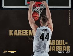 a man dunking a basketball in front of a black and gold background with the words kareem haas on it