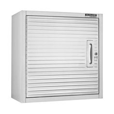 a white wall mounted cabinet with a door and handle on the left side, in front of a white background