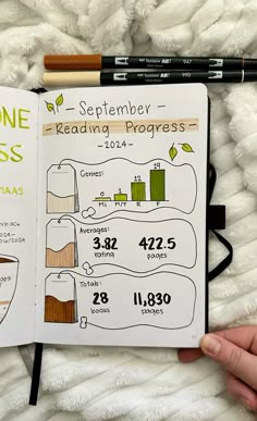 someone is holding an open book with information about reading progress and the number of books they have written on it