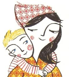 a drawing of a woman holding a child