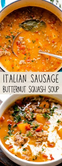 italian sausage butternut squash soup in a white bowl