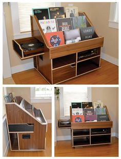 there are four different views of a record player in the room and on the table