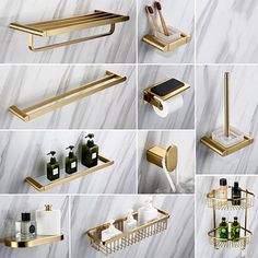 gold bathroom accessories including soap, toothbrushes, and toilet paper dispensers