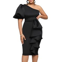 Black Puff Sleeve One-shoulder Ruffled Bodycon Dress Chic Solid Color One Shoulder Dress, Elegant One-shoulder Puff Sleeve Dress For Spring, Elegant One Shoulder Puff Sleeve Dress For Spring, Elegant One-shoulder Puff Sleeve Dress For Party, Off-shoulder Puff Sleeve Dress With Ruffles For Evening, Party Off Shoulder Dress With Puff Sleeves And Ruffles, Chic Off-shoulder Puff Sleeve Dress With Ruffles, Black One Shoulder Dress With Ruffles For Formal Occasions, Formal Black One-shoulder Dress With Ruffles