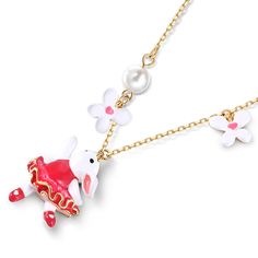 How cute is this pink bunny rabbit necklace accented with cultured pearls and white enamel flowers? Spring is in the air every day with this beautiful necklace, perfect for Easter gifting and hand enamelled, set on an gold plated sterling silver necklace. The ideal accessory to kick off your Spring, Summer look.Carat Weight: 1.5 ctStone Shape: RoundStone Size: 6 mmNumber of Stones: 1 Stone Color: Diamond WhiteWeight: 4.9 gWidth: 16 mmHeight: 23 mmThickness: 7.7 mmLength: 450+50 mm Whimsical White Pendant Necklace, Rabbit Necklace, Enamel Flowers, Rabbit Necklaces, Pink Bunny, Flowers Spring, Enamel Flower, Necklace Online, Beautiful Necklace