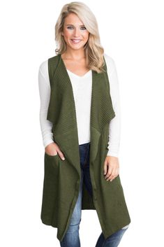 Army Green Pocket Long Cardigan Vest Patagonia Vest Outfit, Fall Dressing, Style Vert, Cardigan Sleeveless, Plain Cardigan, Long Sweater Vest, Women Long Cardigan, Long Knit Sweater, Top And Jeans