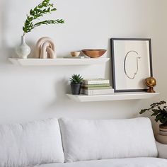 two white shelves on the wall above a couch with books and plants in vases