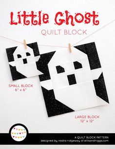 the little ghost quilt block pattern is hanging on a clothes line and it's black and white