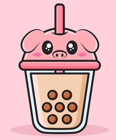 a pink cup filled with chocolate chips and a cute pig face on the top, in front of a pink background