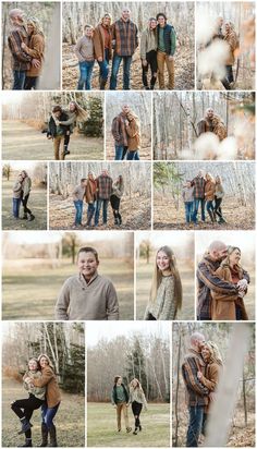 a collage of people standing in the woods with their hands on each other's shoulders