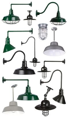 many different types of lights are shown in this image, including green and white lamps