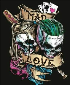 two skulls with green hair and makeup on their faces are holding playing cards that say mad love