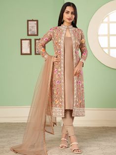 Charismatic Light Brown Embroidered Georgette Party Wear Salwar Kameez Collar Neck Design, Jacket Style Kurti, Suit With Jacket, Wedding Salwar Kameez, Celana Fashion, Indian Wedding Sarees, Lehenga Suit, Latest Salwar Kameez, Kurti Designs Latest