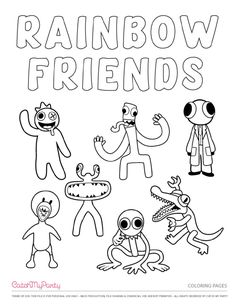 the words rainbow friends are outlined in black and white with an image of cartoon characters