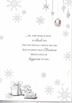 a white christmas card with snowflakes and ornaments hanging from it's sides