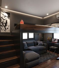 a loft bed with a couch underneath it