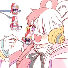 an anime character holding a spoon and fork