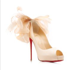 Christian Louboutin Anemoniac Embellished Satin Peep-Toe Pumps 120mm Heels They're Made From Lustrous Crepe Satin That's Thoughtfully Adorned With Airy Chiffon And Fluttering Feather-Trimmed Bow Embellishments. Color: Neutral New With Tags Chic Cream Wedding Shoes For Events, Chic Cream Wedding Shoes For Event, Luxury Cream Open Toe Wedding Shoes, Elegant Heels For Spring Ceremony, Elegant Cream Heels For Ceremony, Luxury Beige Heels For Wedding, Luxury Red-sole Heels For Wedding, Elegant Beige Heels With Red Sole, Luxury Wedding Heels With Red Sole