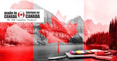 the canadian flag is overlaid with canoes and mountains in red, white, and blue