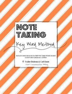 an orange and white striped notebook with the words note taking on it