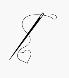 a black and white drawing of a knitting needle with a heart on the end, against a white background