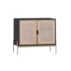 the sideboard with two doors is made from rattan and metal, it has a black