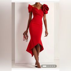 High-Low Red Cocktail Dress With Bow/Flower On Shoulder. New With Tag Size 12 Mermaid Midi Dress, Sheath Midi Dress, Ladies Lunch, Red Cocktail, Elegant Midi Dresses, Red Cocktail Dress, Applique Dress, Crewneck Dress, Midi Dress With Sleeves