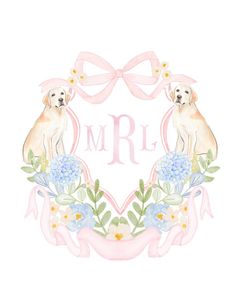 two dogs are sitting in the middle of a wreath with flowers and ribbons on it